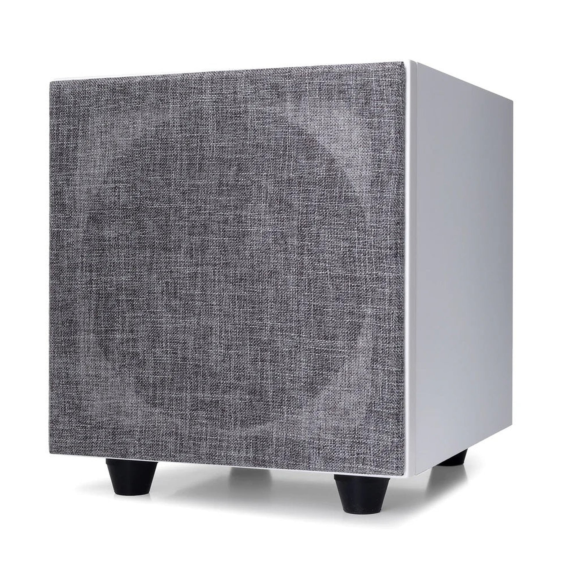 Argon Audio Malmö Sub 8 Aktiv-Subwoofer weiss Schrägansicht mit montierter Frontabdeckung