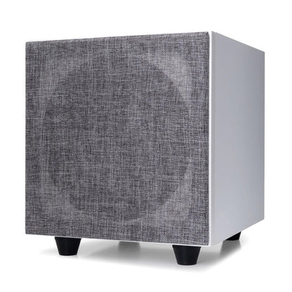 Argon Audio Malmö Sub 8 Aktiv-Subwoofer weiss Schrägansicht mit montierter Frontabdeckung