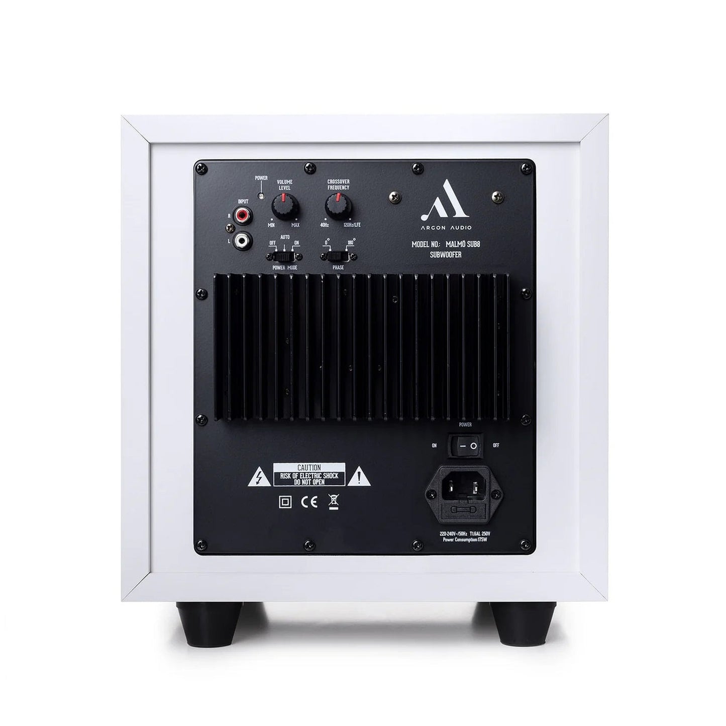 Argon Audio Malmö Sub 8 Aktiv-Subwoofer weiss Rückansicht mit Verstärkerteil Pegel- und Trennfrequenzregler