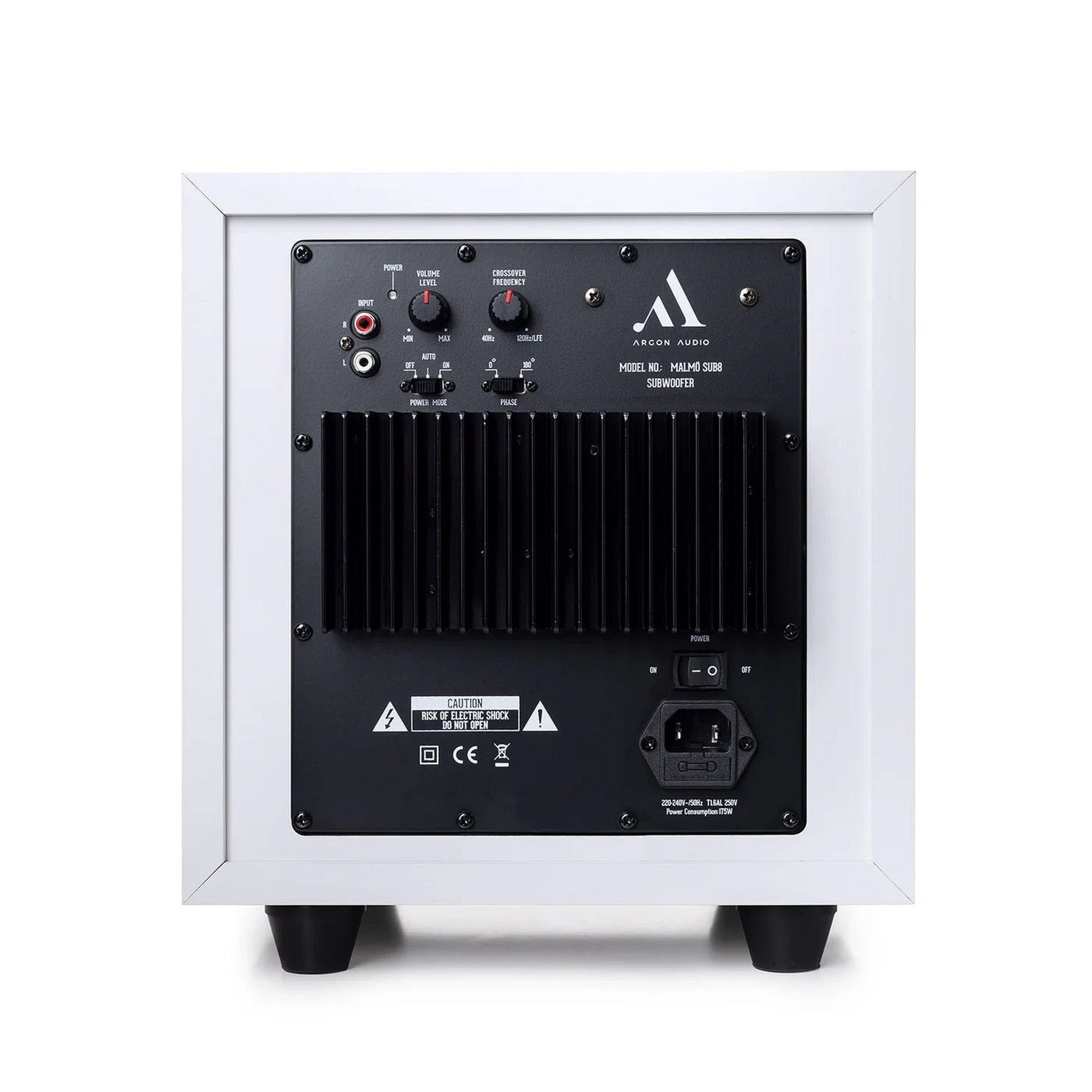 Argon Audio Malmö Sub 8 Aktiv-Subwoofer weiss Rückansicht mit Verstärkerteil Pegel- und Trennfrequenzregler