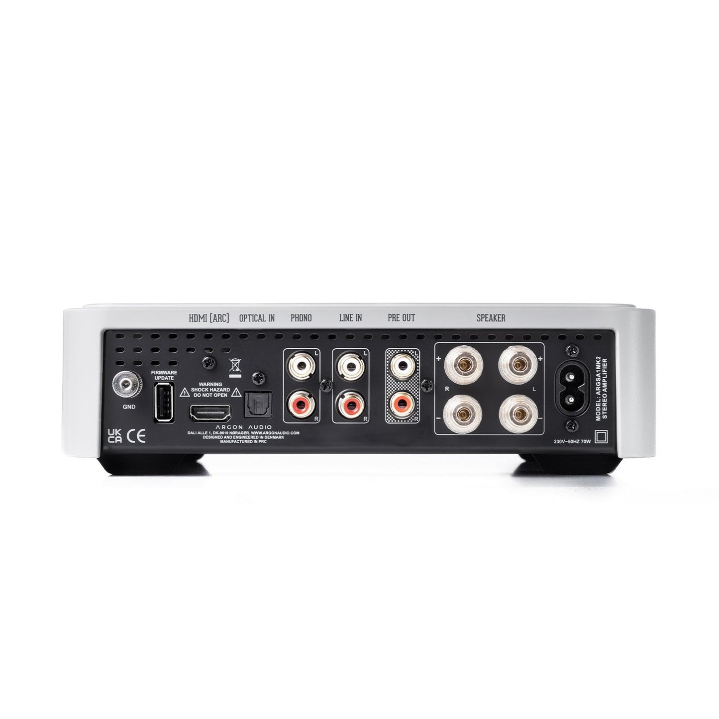 Argon Audio SA1 MK2 Vollverstärker weiss Rückansicht mit HDMI ARC, Phono, Line In, Pre Out und Lautsprecherklemmen