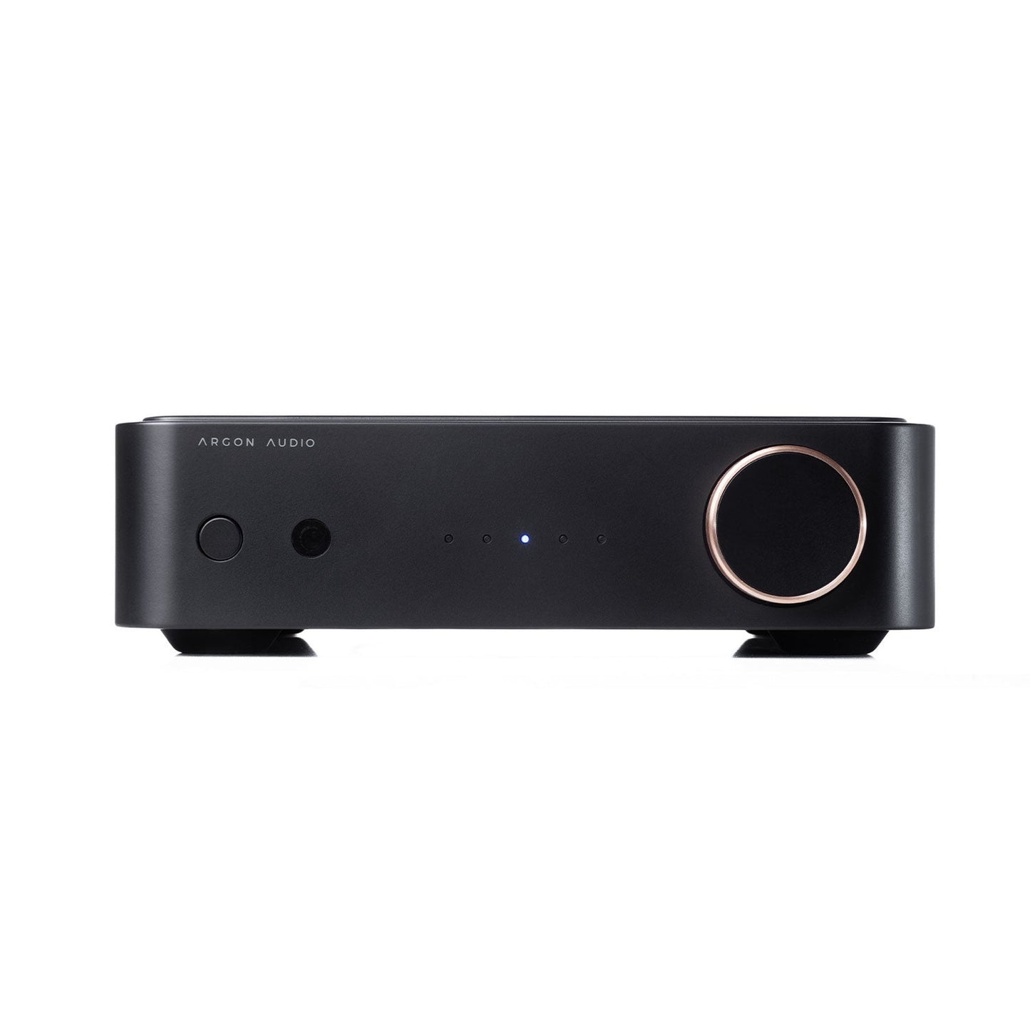 Argon Audio SA2 Streaming-Verstärker schwarz Frontansicht mit kupferfarbenem Lautstärkeregler und Statusanzeige