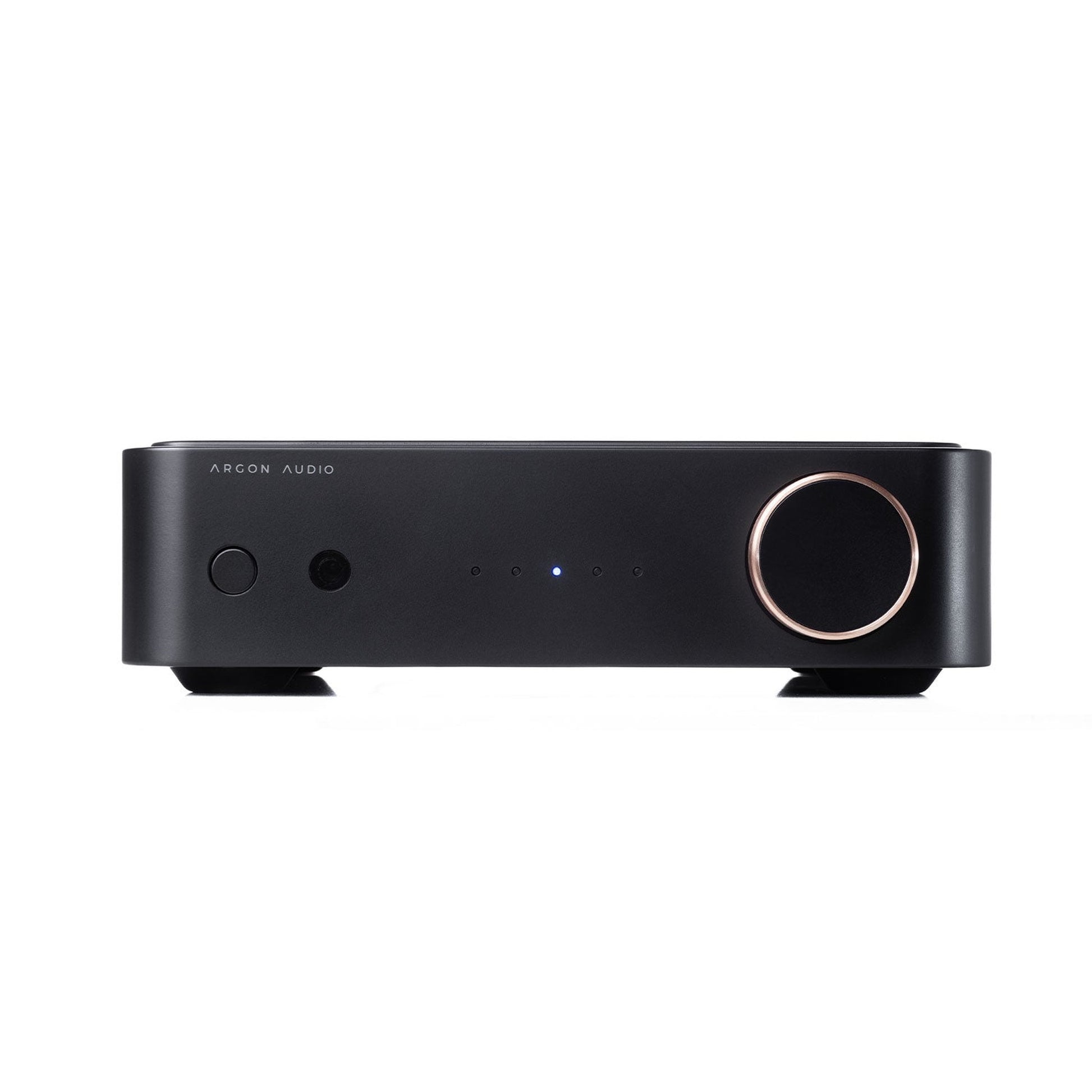 Argon Audio SA2 Streaming-Verstärker schwarz Frontansicht mit kupferfarbenem Lautstärkeregler und Statusanzeige