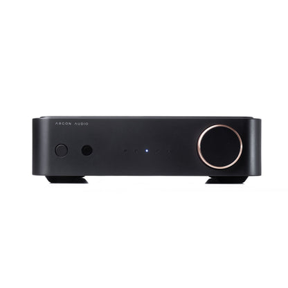 Argon Audio SA2 Streaming-Verstärker schwarz Frontansicht mit kupferfarbenem Lautstärkeregler und Statusanzeige
