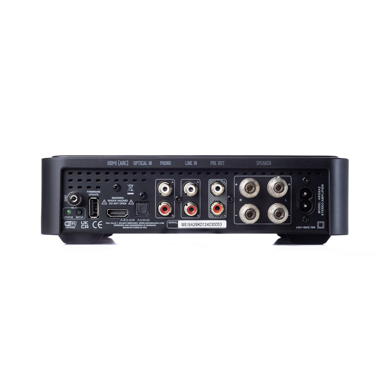 Argon Audio SA2 Streaming-Verstärker schwarz Rückansicht mit HDMI ARC, Phono, Line In, Pre Out und Lautsprecherklemmen