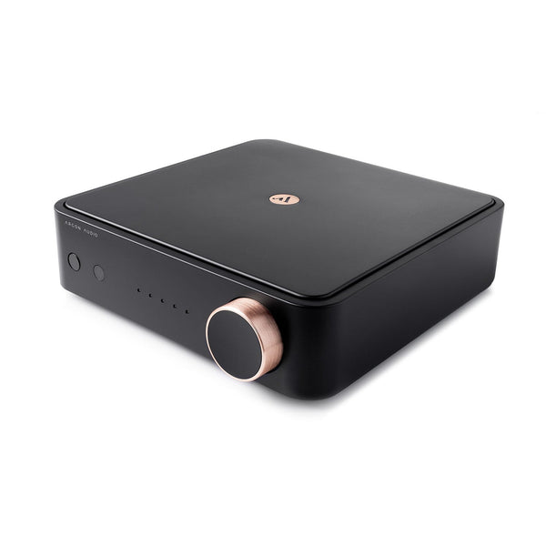 Argon Audio SA2 Streaming-Verstärker schwarz Schrägansicht von oben mit kupferfarbenem Lautstärkeregler