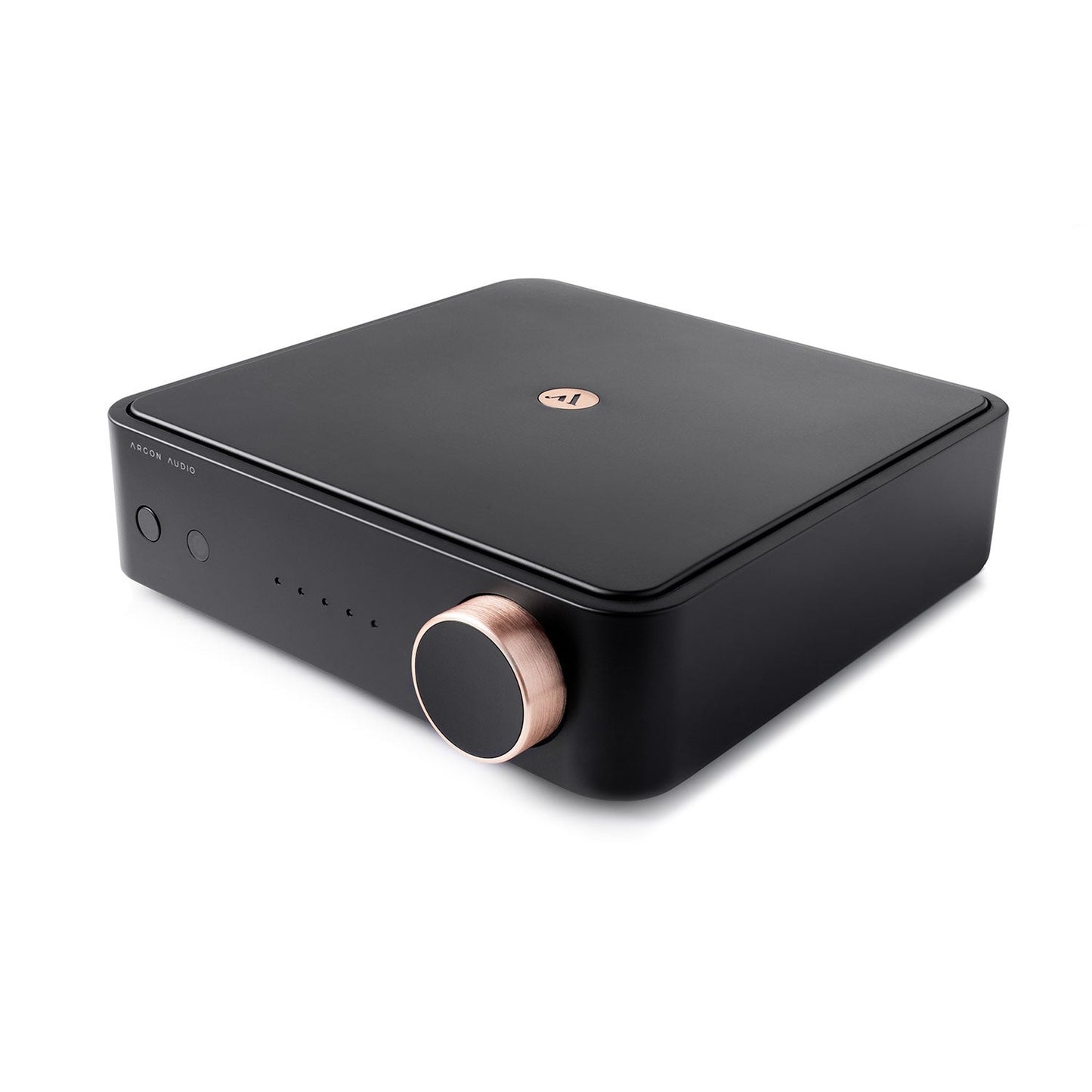 Argon Audio SA2 Streaming-Verstärker schwarz Schrägansicht von oben mit kupferfarbenem Lautstärkeregler