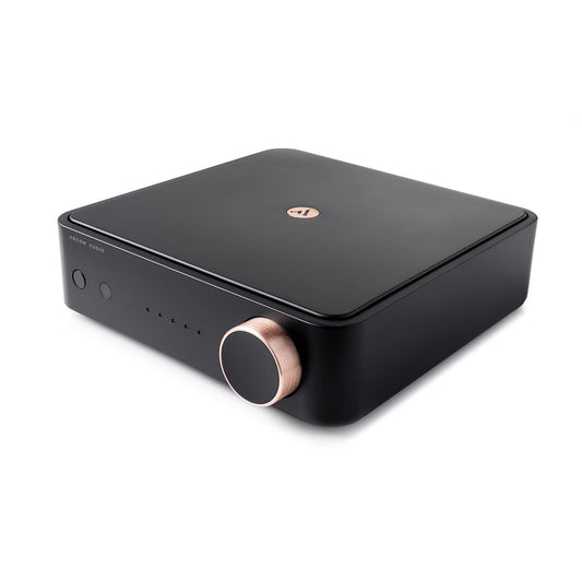 Argon Audio SA2 Streaming-Verstärker schwarz Schrägansicht von oben mit kupferfarbenem Lautstärkeregler