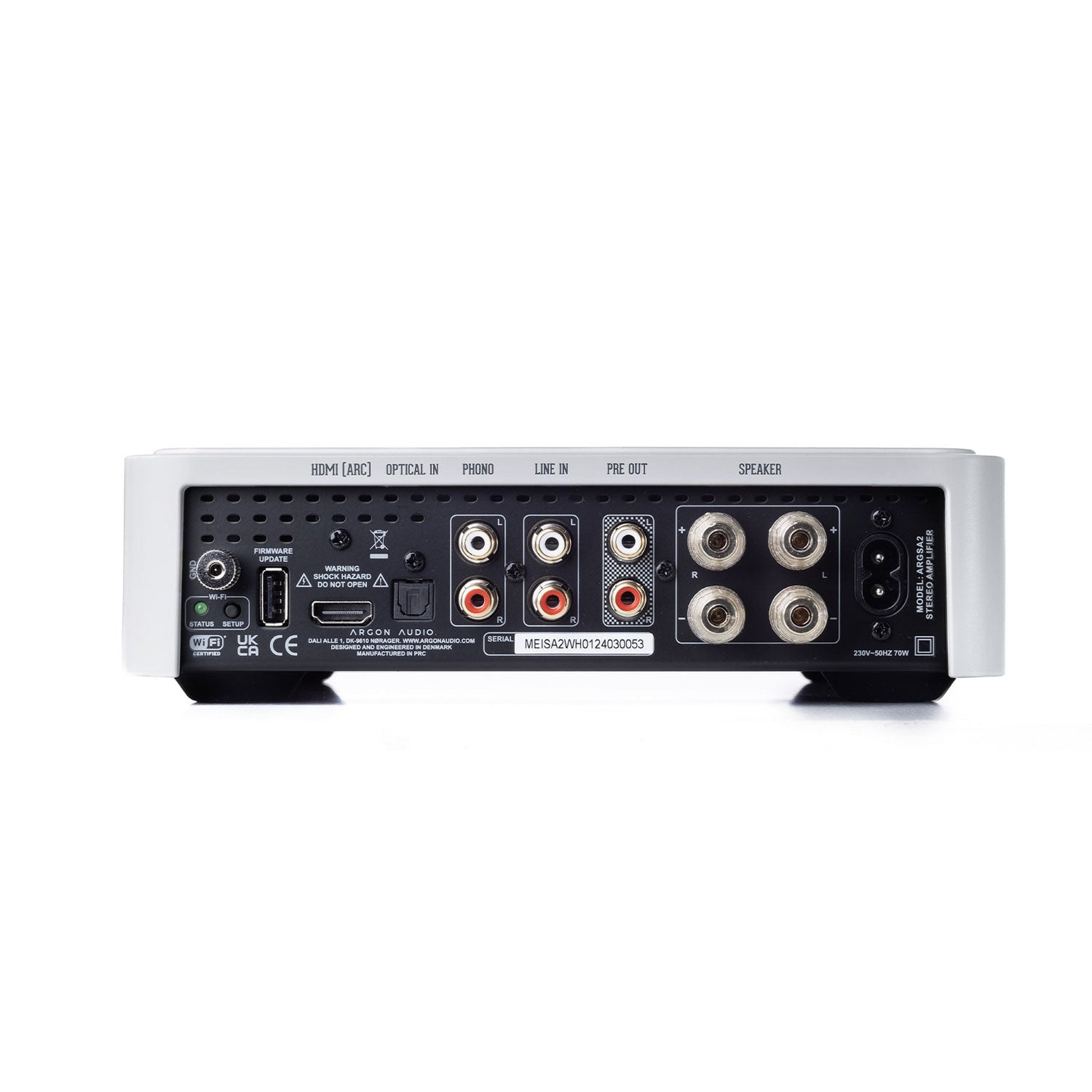 Argon Audio SA2 Streaming-Verstärker weiss Rückansicht mit HDMI ARC, Phono, Line In, Pre Out und Lautsprecherklemmen
