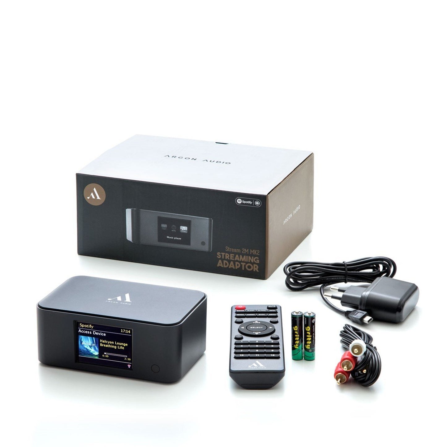 Argon Audio Stream 2 MK3 Netzwerk-Streamer schwarz Lieferumfang mit Fernbedienung, Batterien, Netzteil und Cinchkabel