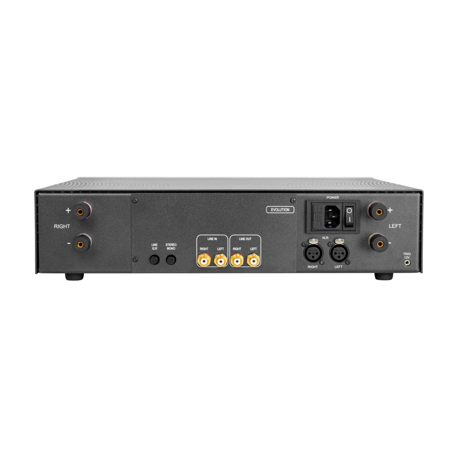 Atoll AM300 Evolution Stereo-Endstufe Rückansicht, Anschlussfeld mit Lautsprecherterminals und symmetrischem Eingang