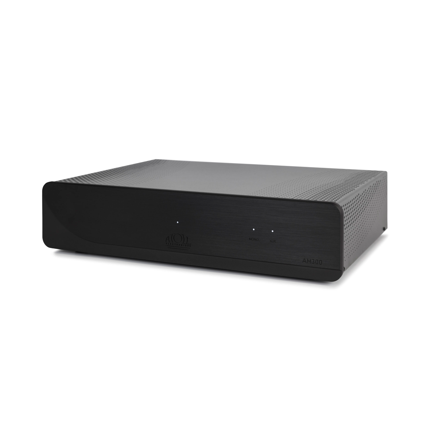 Atoll AM300 Evolution Stereo-Endstufe Schwarz Schrägansicht mit schlichter Frontblende ohne Bedienelemente