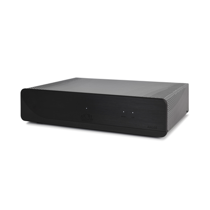 Atoll AM300 Evolution Stereo-Endstufe Schwarz Schrägansicht mit schlichter Frontblende ohne Bedienelemente