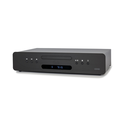 Atoll CD100 Evolution Hi-Fi-CD-Player Schwarz Schrägansicht mit Schublade und blauem Display