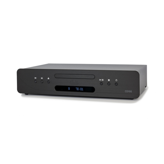 Atoll CD100 Evolution Hi-Fi-CD-Player Schwarz Schrägansicht mit Schublade und blauem Display