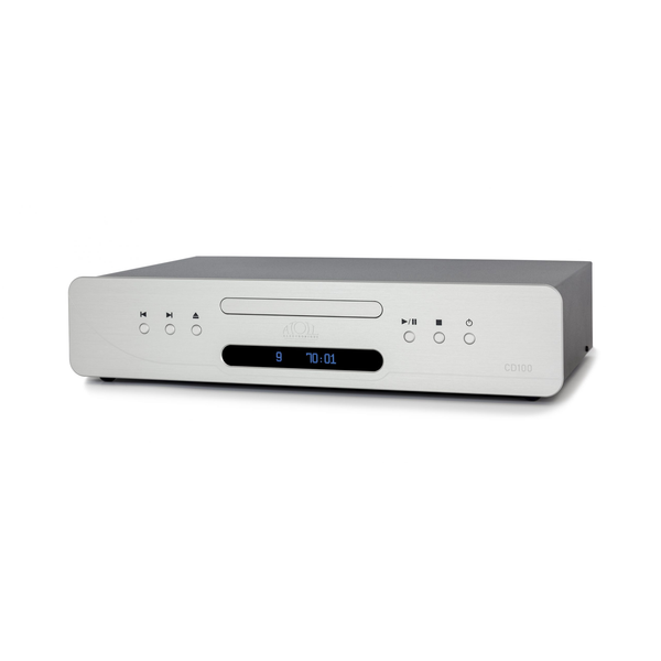 Atoll CD100 Evolution Hi-Fi-CD-Player Silber Schrägansicht mit Schublade und blauem Display