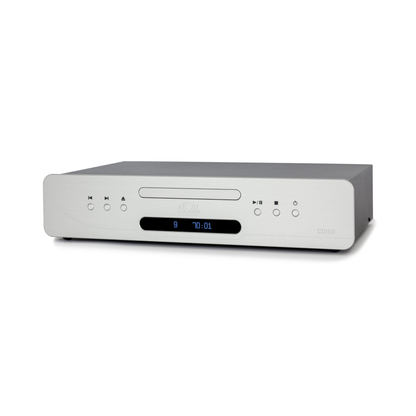 Atoll CD100 Evolution Hi-Fi-CD-Player Silber Schrägansicht mit Schublade und blauem Display