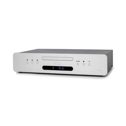 Atoll CD100 Evolution Hi-Fi-CD-Player Silber Schrägansicht mit Schublade und blauem Display