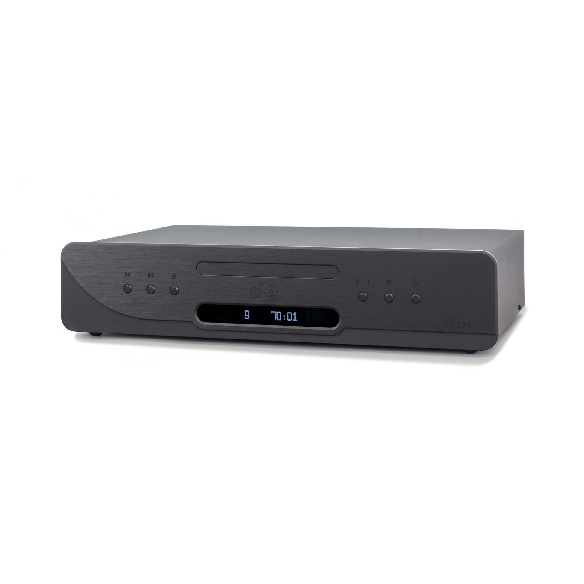 Atoll CD200 Evolution Hi-Fi-CD-Player Schwarz Schrägansicht mit Schublade und blauem Display