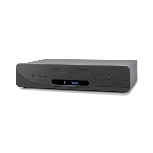 Atoll CD200 Evolution Hi-Fi-CD-Player Schwarz Schrägansicht mit Schublade und blauem Display