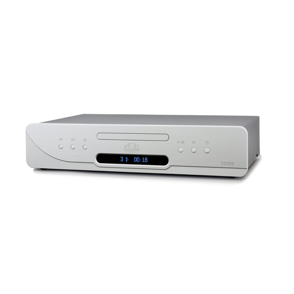 Atoll CD200 Evolution Hi-Fi-CD-Player Silber Schrägansicht mit Schublade und blauem Display