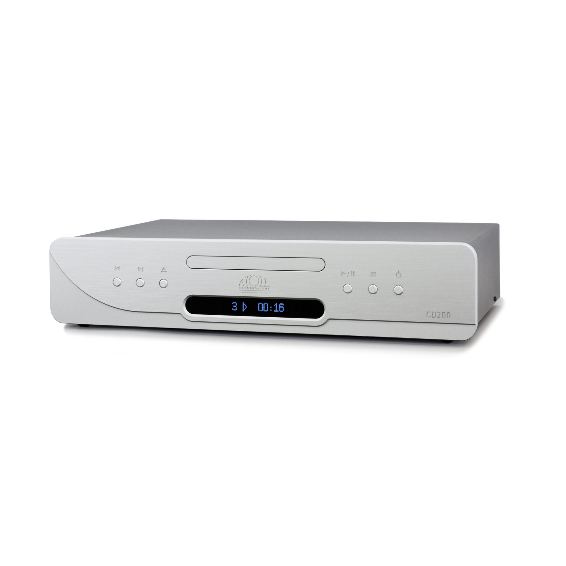 Atoll CD200 Evolution Hi-Fi-CD-Player Silber Schrägansicht mit Schublade und blauem Display