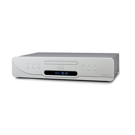 Atoll CD200 Evolution Hi-Fi-CD-Player Silber Schrägansicht mit Schublade und blauem Display
