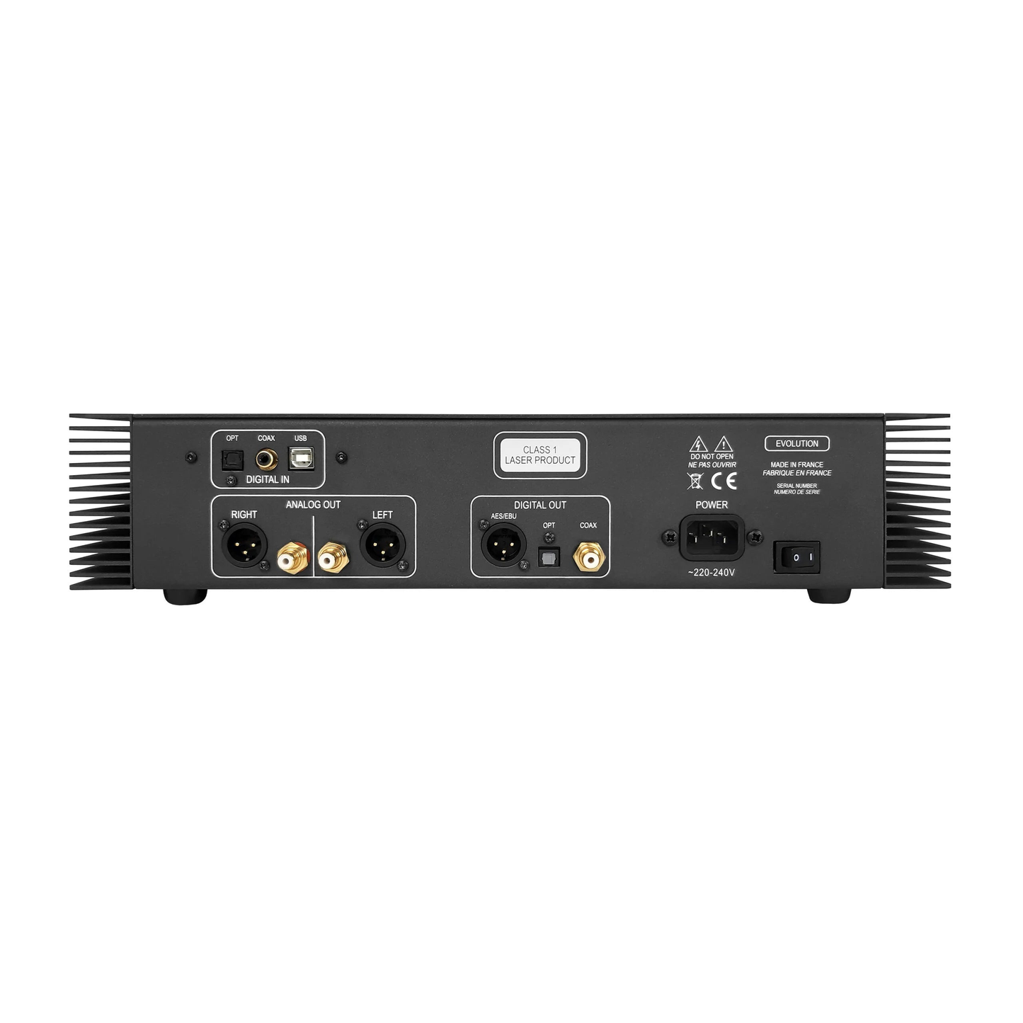 Atoll CD400 Evolution CD-Player Rückansicht, Anschlussfeld mit symmetrischen Ausgängen und digitalen Schnittstellen