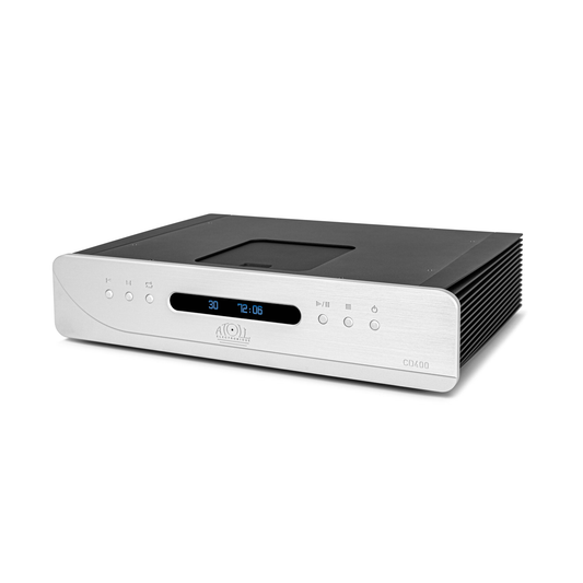 Atoll CD400 Evolution CD-Player Silber Schrägansicht mit Schublade, Display und DAC-Funktion