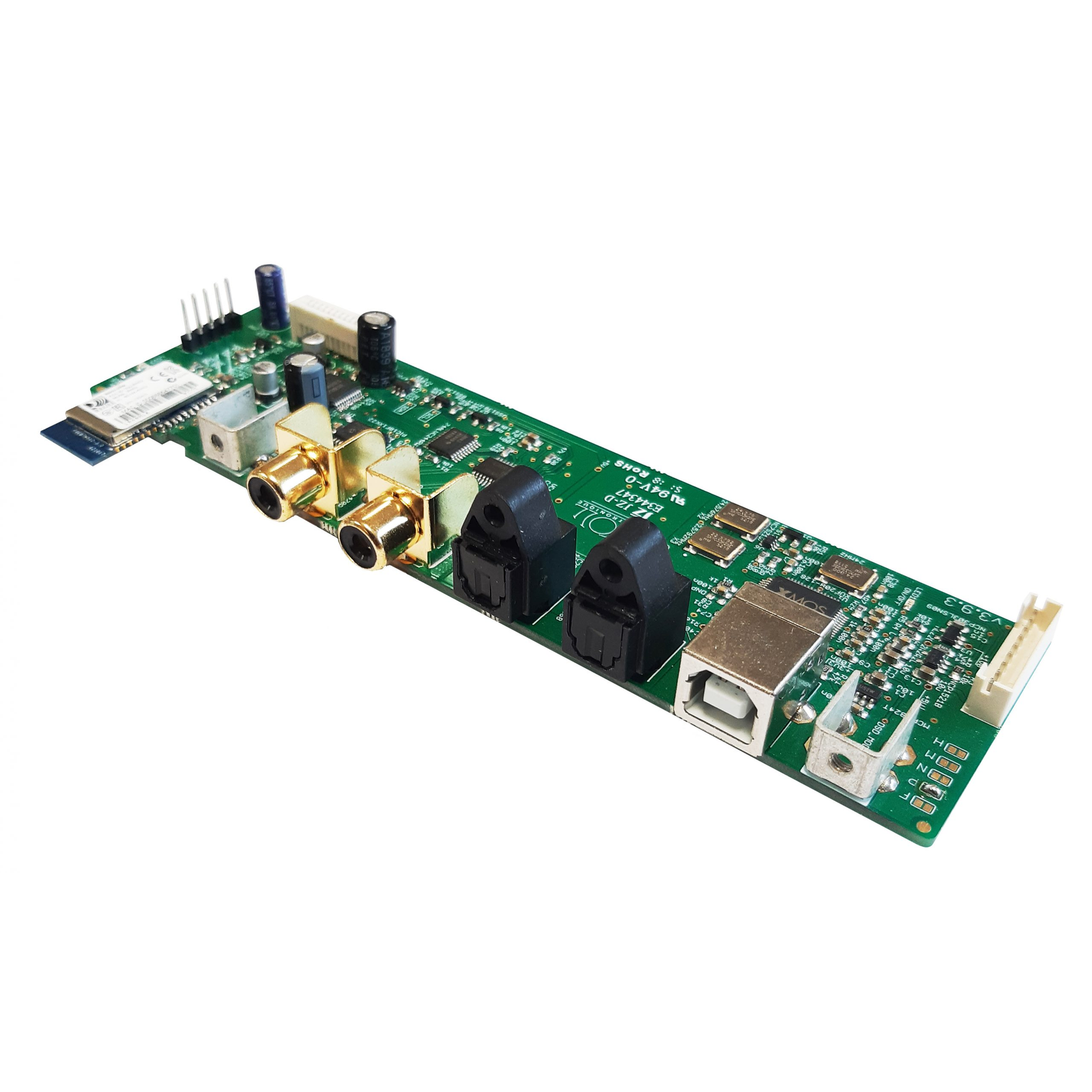 Atoll DA200 DAC-Karte Schrägansicht, Platine mit Bluetooth-Modul, USB- und Digitaleingängen