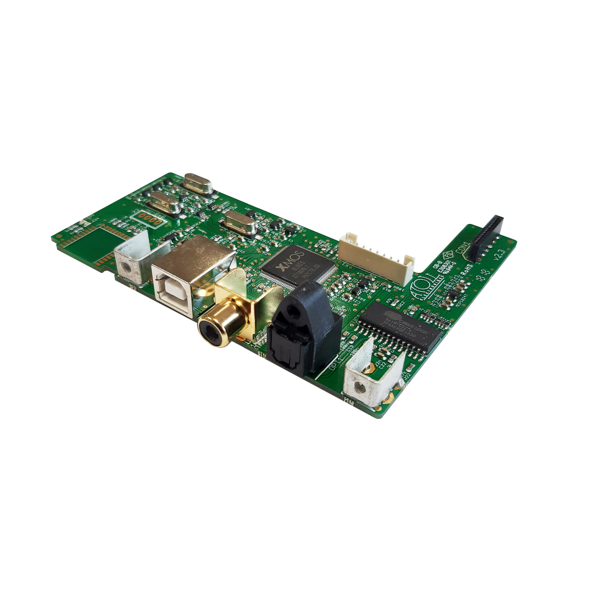 Atoll DC200 Digitalkarte Schrägansicht, Platine mit USB-, Koaxial- und Toslink-Eingang