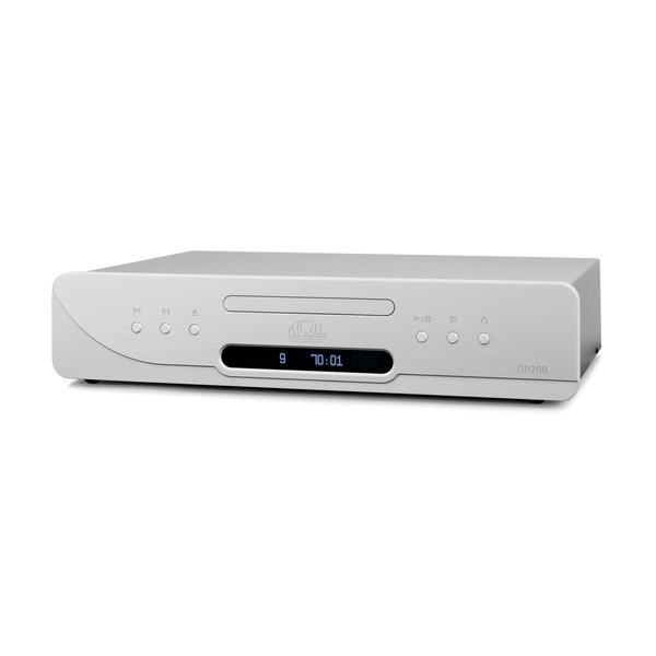 Atoll DR200 Evolution CD-Laufwerk Silber Schrägansicht mit Schublade und blauem Display
