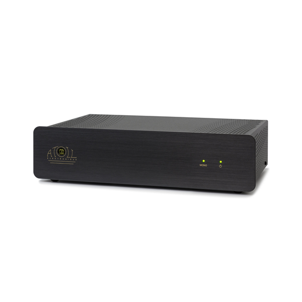 Atoll MA100 Stereo-Endstufe Schwarz Schrägansicht im Midi-Format mit Atoll-Logo auf der Front