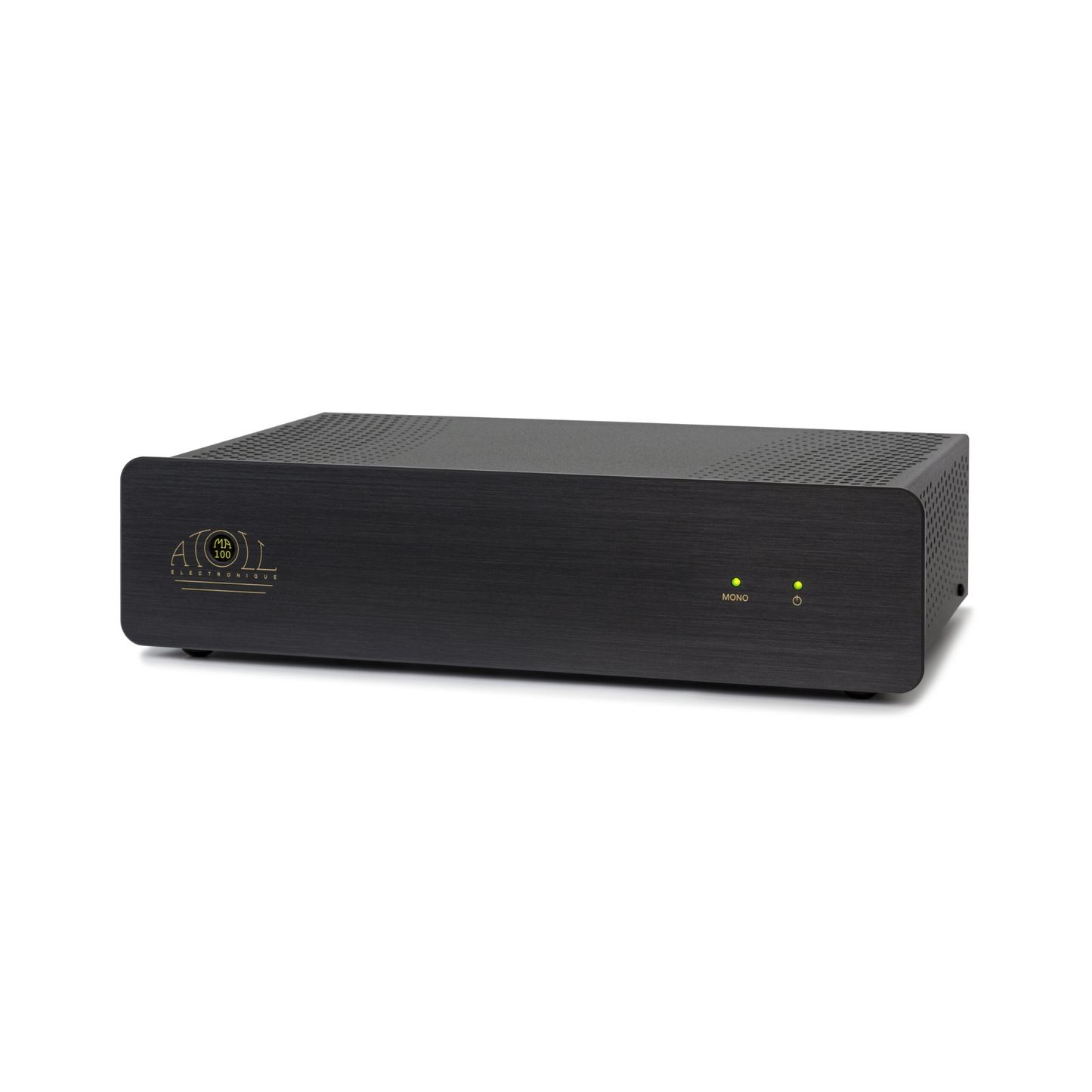 Atoll MA100 Stereo-Endstufe Schwarz Schrägansicht im Midi-Format mit Atoll-Logo auf der Front