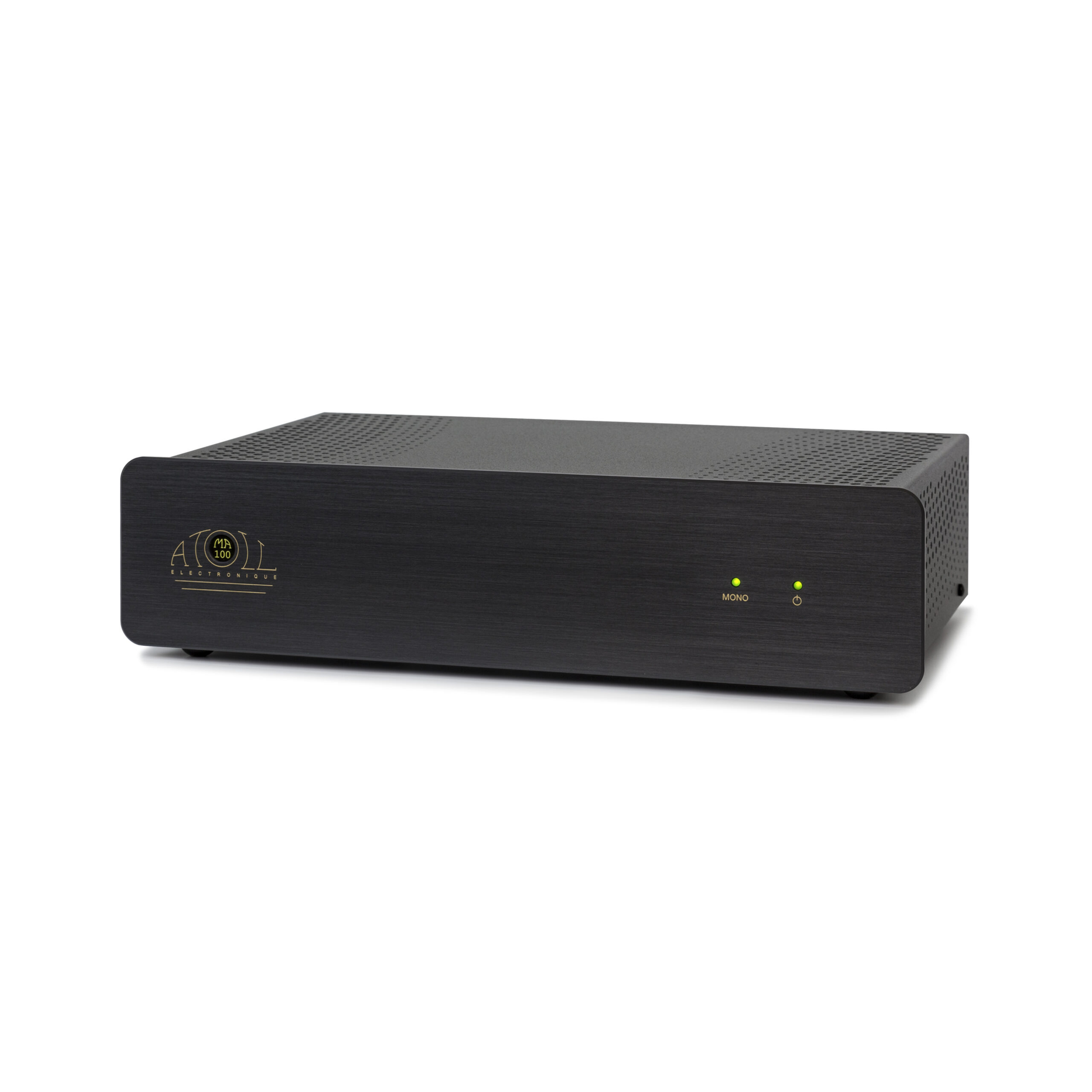 Atoll MA100 Stereo-Endstufe Schwarz Schrägansicht im Midi-Format mit Atoll-Logo auf der Front