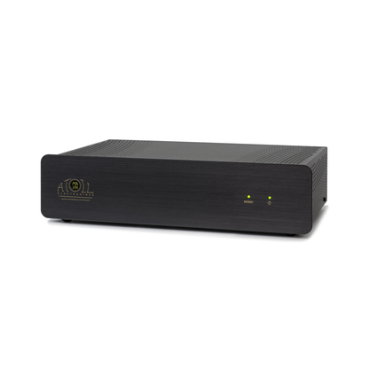 Atoll MA100 Stereo-Endstufe Schwarz Schrägansicht im Midi-Format mit Atoll-Logo auf der Front