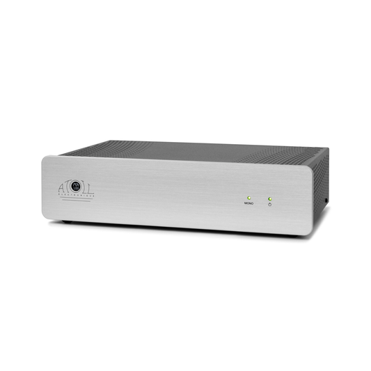 Atoll MA100 Stereo-Endstufe Silber Schrägansicht im Midi-Format mit Atoll-Logo auf der Front