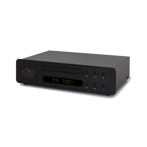 Atoll MD100 Evolution CD-Player Schwarz Schrägansicht im Midi-Format mit Schublade und blauem Display