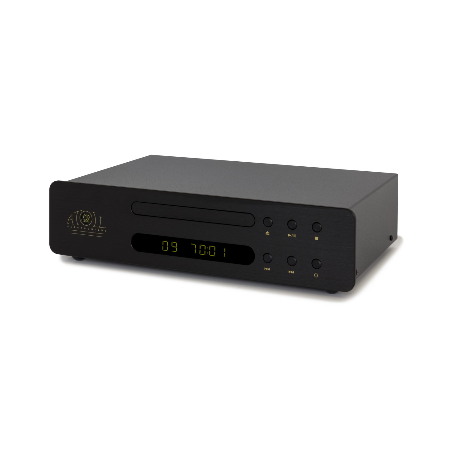 Atoll MD100 Evolution CD-Player Schwarz Schrägansicht im Midi-Format mit Schublade und blauem Display