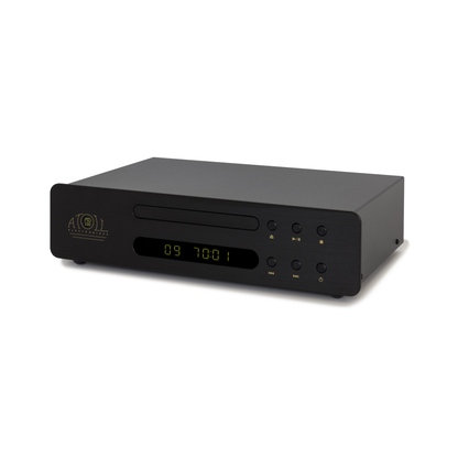 Atoll MD100 Evolution CD-Player Schwarz Schrägansicht im Midi-Format mit Schublade und blauem Display