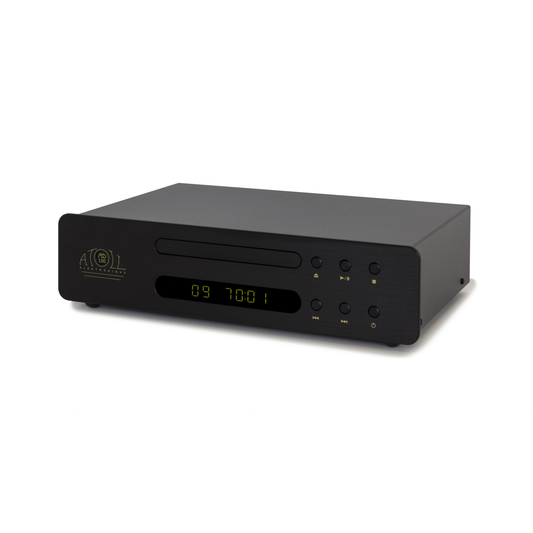 Atoll MD100 Evolution CD-Player Schwarz Schrägansicht im Midi-Format mit Schublade und blauem Display