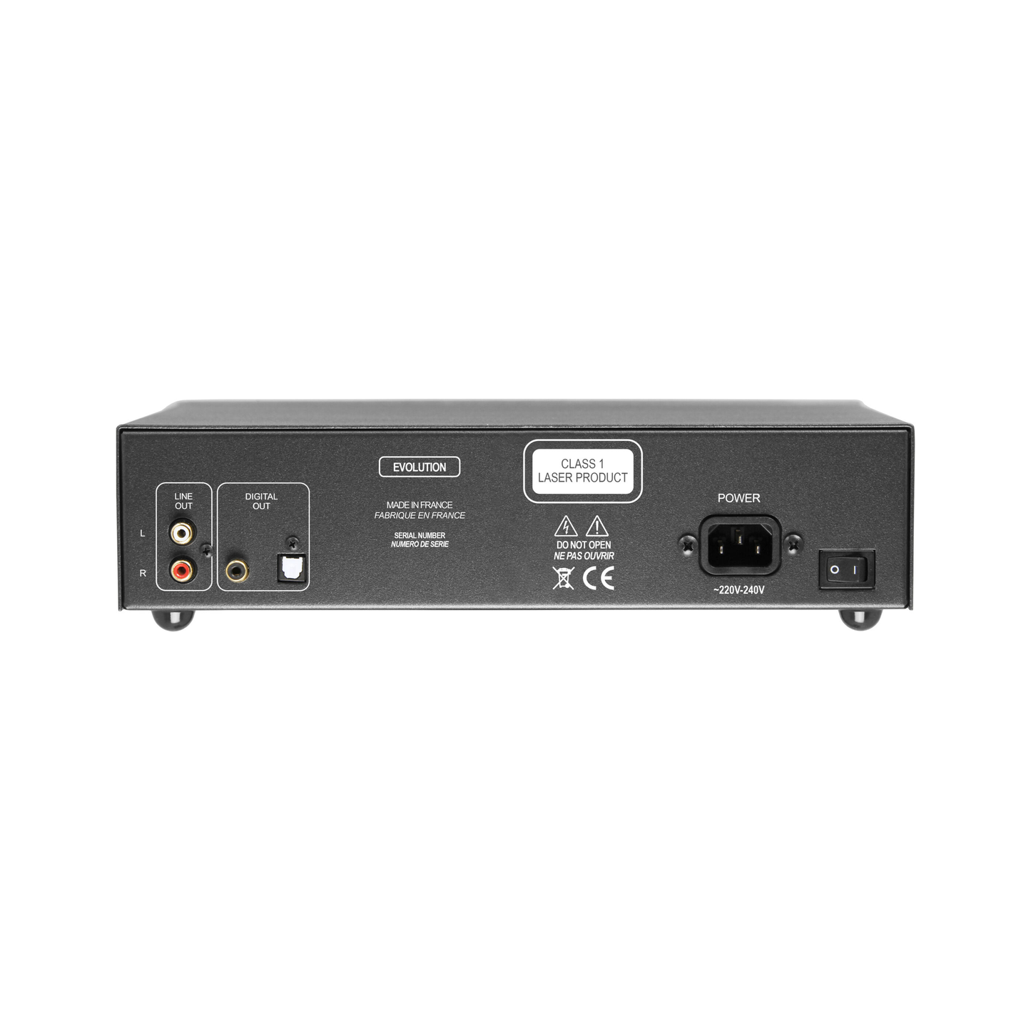 Atoll MD100 Evolution CD-Player Rückansicht mit Cinch-Ausgang, Digitalausgang und Netzanschluss