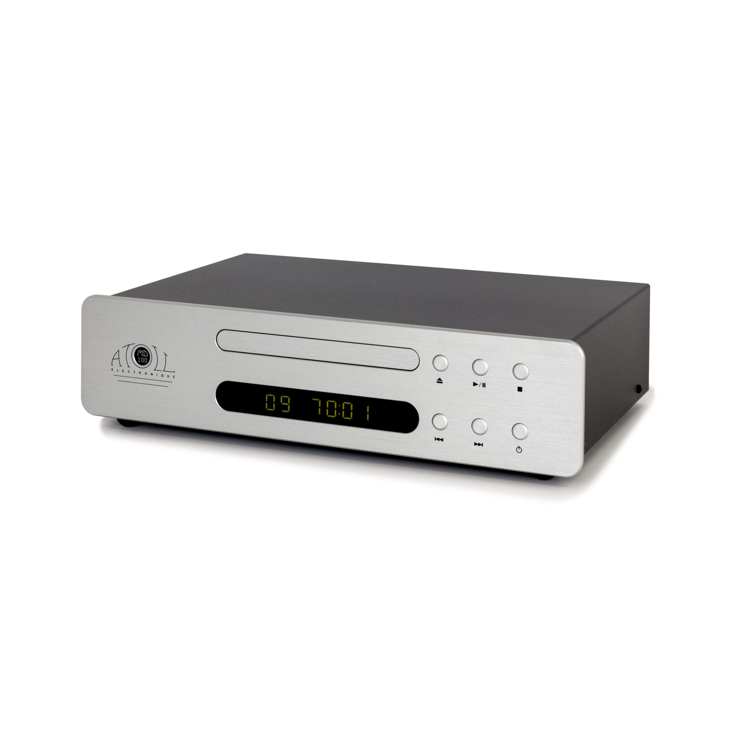 Atoll MD100 Evolution CD-Player Silber Schrägansicht im Midi-Format mit Schublade und blauem Display