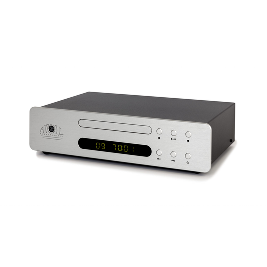 Atoll MD100 Evolution CD-Player Silber Schrägansicht im Midi-Format mit Schublade und blauem Display