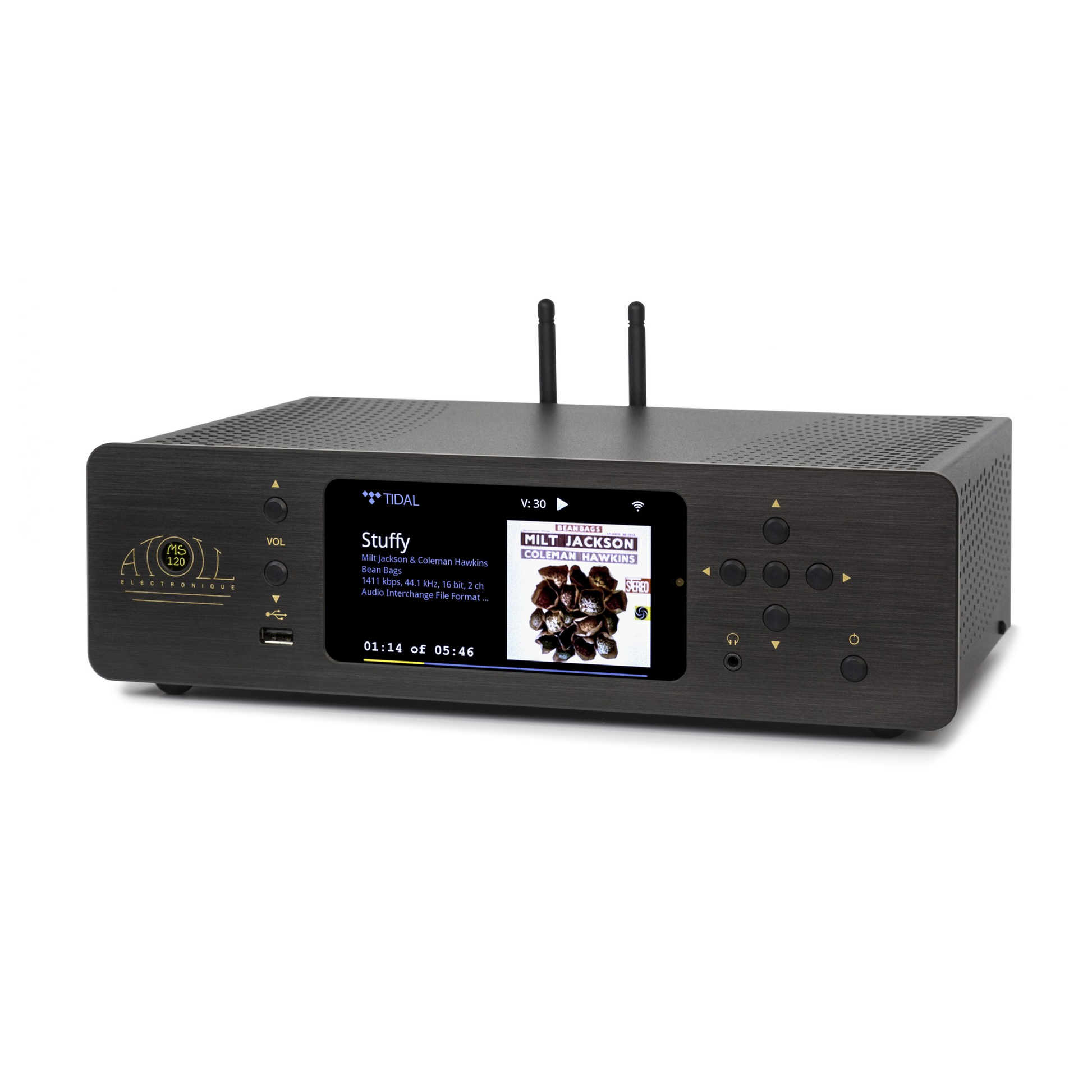 Atoll MS120 Netzwerk-Streamer Schwarz Schrägansicht Roon Ready mit Farbdisplay und WLAN-Antennen