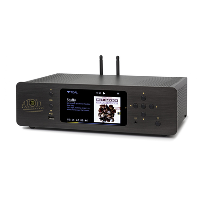 Atoll MS120 Netzwerk-Streamer Schwarz Schrägansicht Roon Ready mit Farbdisplay und WLAN-Antennen