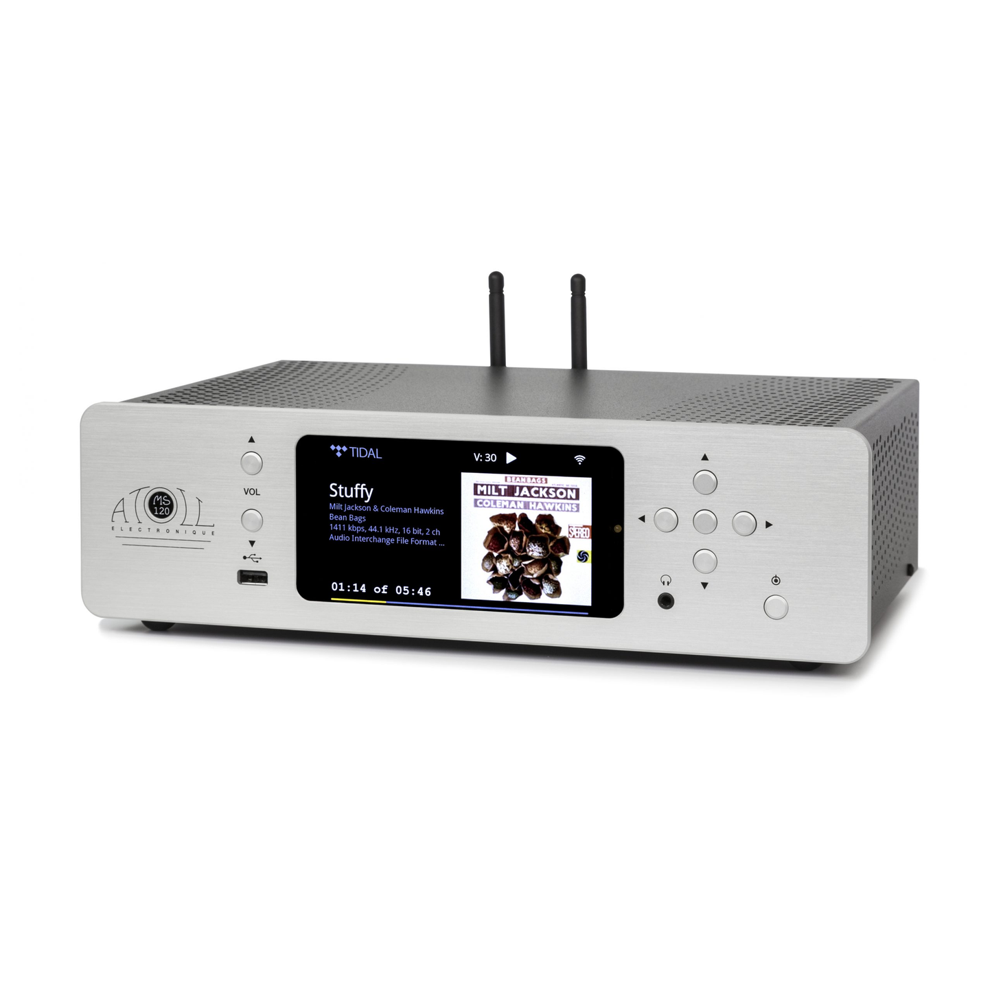 Atoll MS120 Netzwerk-Streamer Silber Schrägansicht Roon Ready mit Farbdisplay und WLAN-Antennen