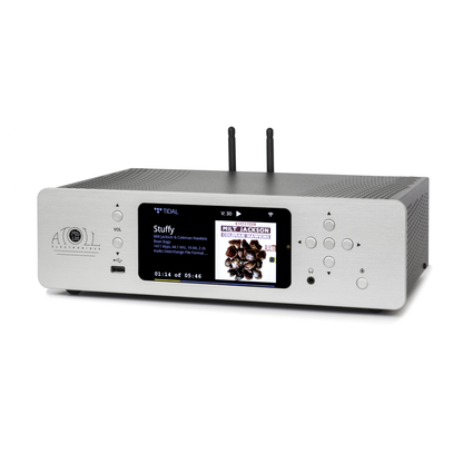 Atoll MS120 Netzwerk-Streamer Silber Schrägansicht Roon Ready mit Farbdisplay und WLAN-Antennen