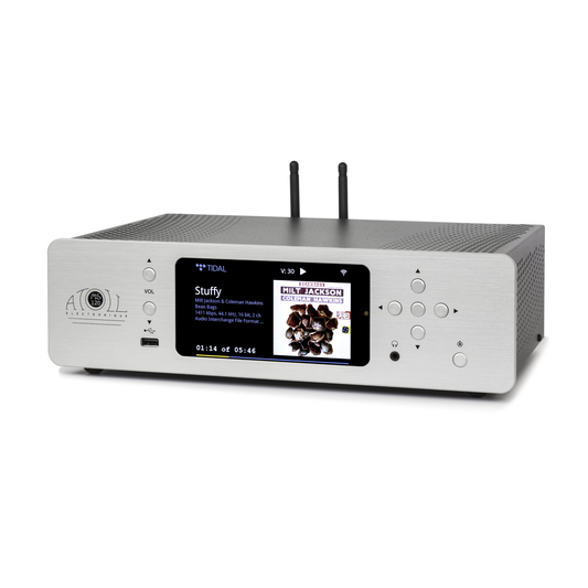 Atoll MS120 Netzwerk-Streamer Silber Schrägansicht Roon Ready mit Farbdisplay und WLAN-Antennen