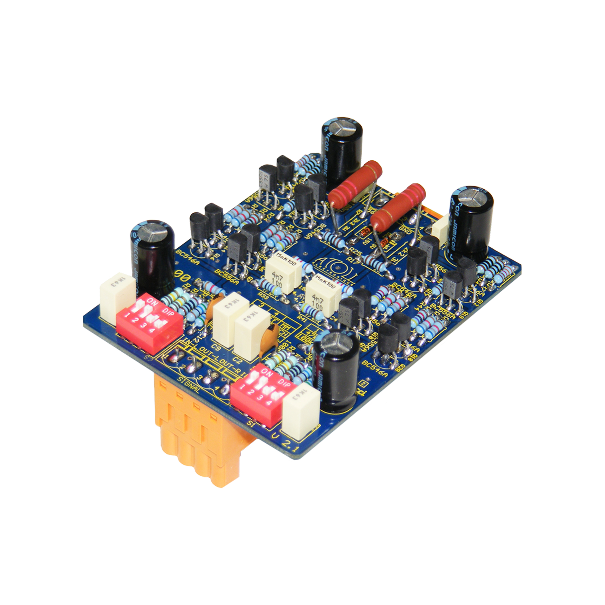 Atoll P100 Phono-Karte MM & MC Schrägansicht, Platine mit DIP-Schaltern zur Anpassung
